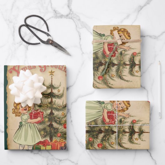 ヴィンテージパインツリー小さな女の子プレゼント雪片 ラッピングペーパーシート (正面)