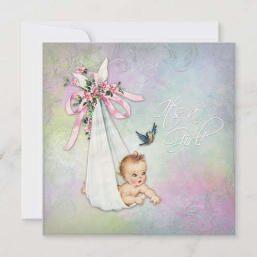 ヴィンテージパステルウォーターカラーベビーシャワー 招待状 (正面)