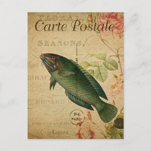 ヴィンテージパステルグリーンラッセフィッシュフランスのフローラ ポストカード (正面)