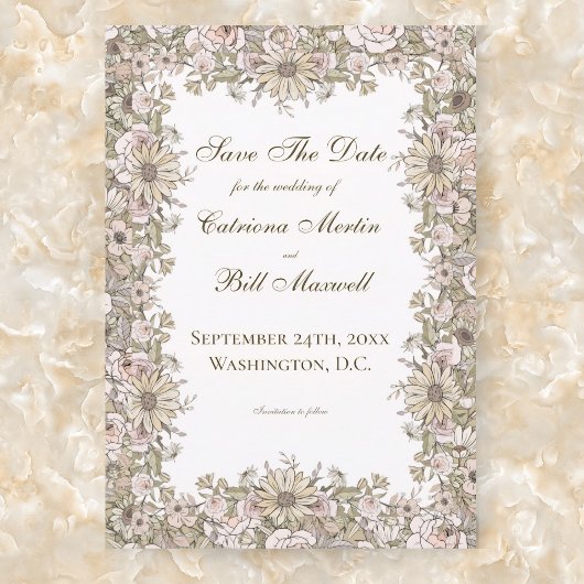 ヴィンテージパステルデイジーフローラ日付カードの保存 招待状
