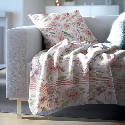 ヴィンテージパステルピンクのバラ フリースブランケット