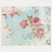 ヴィンテージパステルピンクローズ&ホワイトレース フリースブランケット (正面(横))