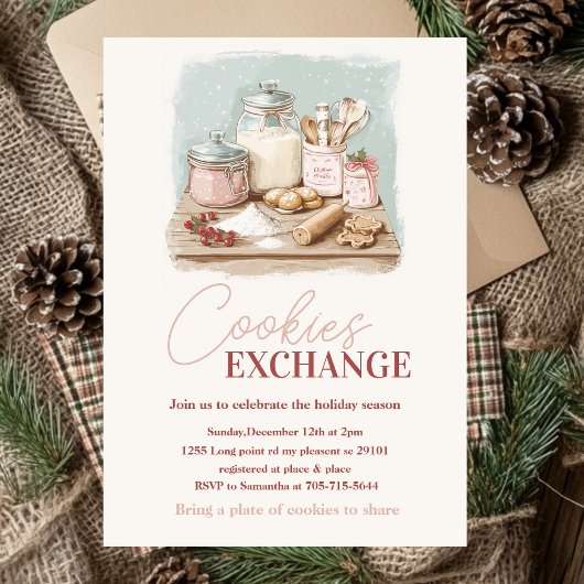 ヴィンテージパステルピンク&レッドクッキー交換パーティー 招待状
