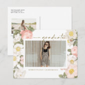 ヴィンテージパステルフラワーズホワイト写真卒業 案内ポストカード (正面/裏面)