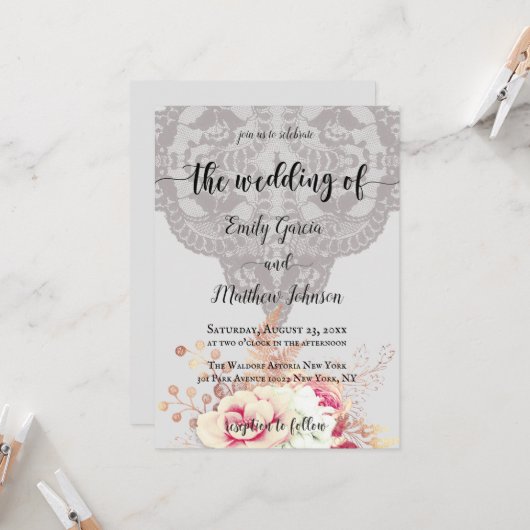 ヴィンテージパステルフローラバラ結婚スタイル 招待状 (正面/裏面インサイチュ)