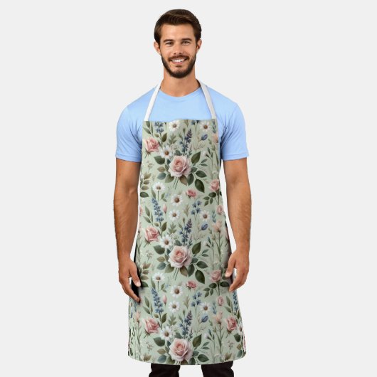 ヴィンテージパステルフローラ植物模様 エプロン (着用した状態)