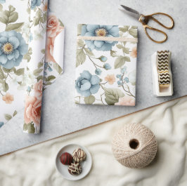 ヴィンテージパステルブルー&ピーチフローラルパターン ラッピングペーパー