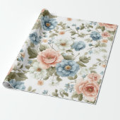 ヴィンテージパステルブルー&ピーチフローラルパターン ラッピングペーパー (アンロールド)