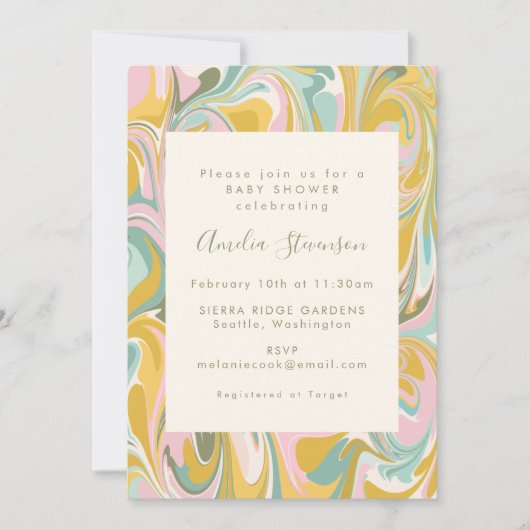 ヴィンテージパステル大理石お洒落赤モダンちゃんシャワー 招待状 (正面)