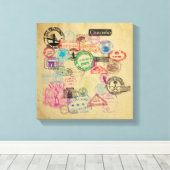 ヴィンテージパスポート切手 キャンバスプリント (インサイチュ (ウッドフロア))