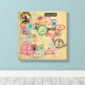 ヴィンテージパスポート切手 キャンバスプリント (インサイチュ (ウッドフロア))