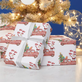 ヴィンテージパターモダンンサンタツリーレッドトラッククリスマス ラッピングペーパー