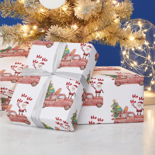 ヴィンテージパターモダンンサンタツリーレッドトラッククリスマス ラッピングペーパー (クリスマス)