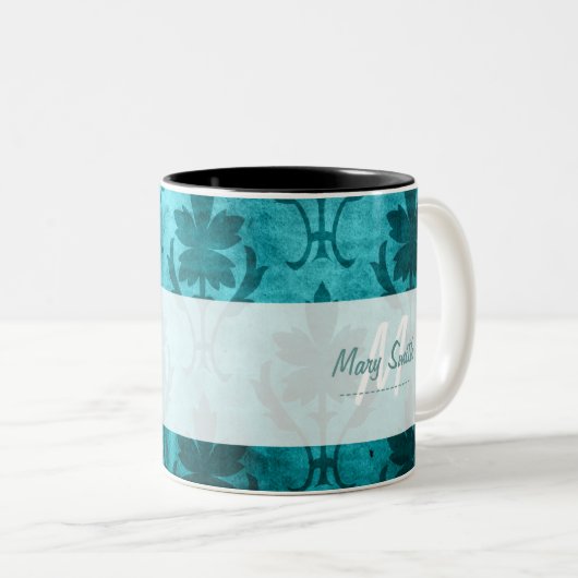 ヴィンテージパターンカスタムのイニシャルの白い青 ツートーンマグカップ (正面右)