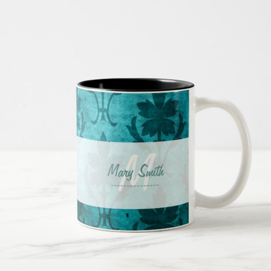 ヴィンテージパターンカスタムのイニシャルの白い青 ツートーンマグカップ (右)