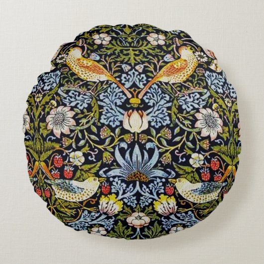 ヴィンテージパターン鳥類フルーツブルーグリーンレッド ラウンドクッション (正面)