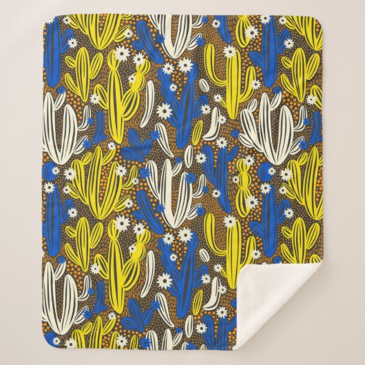 ヴィンテージパターン(黒い背景にサボテン)S シェルパブランケット (正面)