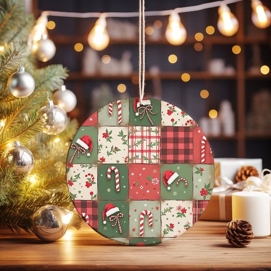 ヴィンテージパッチワークキルトクリスマスオーナメント セラミックオーナメント