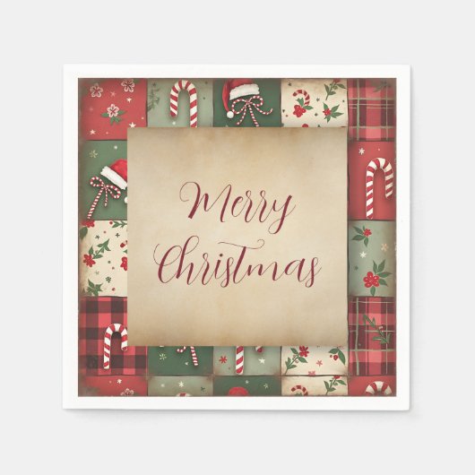 ヴィンテージパッチワーククリスマスホリデーナプキンズ スタンダードカクテルナプキン (正面)