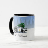 ヴィンテージパトカークリスマスツリースノーモノグラムの マグカップ (正面左)