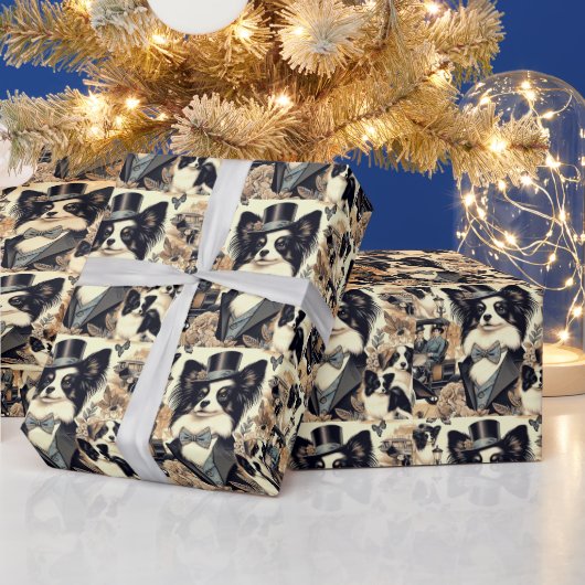 ヴィンテージパピロンドッグイラストレーション ラッピングペーパー (クリスマス)