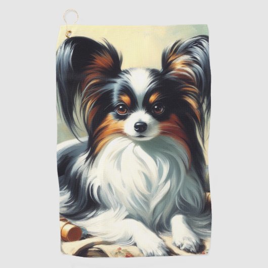 ヴィンテージパピロン絵画ドッグ ゴルフタオル (正面)