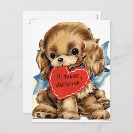 ヴィンテージパピードッグとハートバレンタイン シーズンポストカード (正面/裏面)