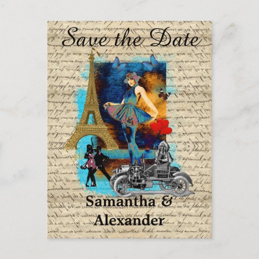 ヴィンテージパリのコラージュは日付を保存 案内ポストカード (正面)