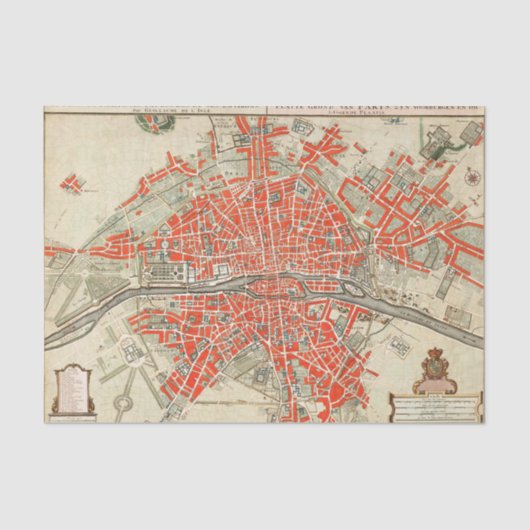 ヴィンテージパリの旅行地図。旧市街。レトロフランス 薄葉紙 (正面)