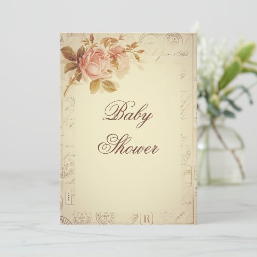 ヴィンテージパリはシックなバラのベビーシャワーに消印を押します 招待状 (スタンド正面)