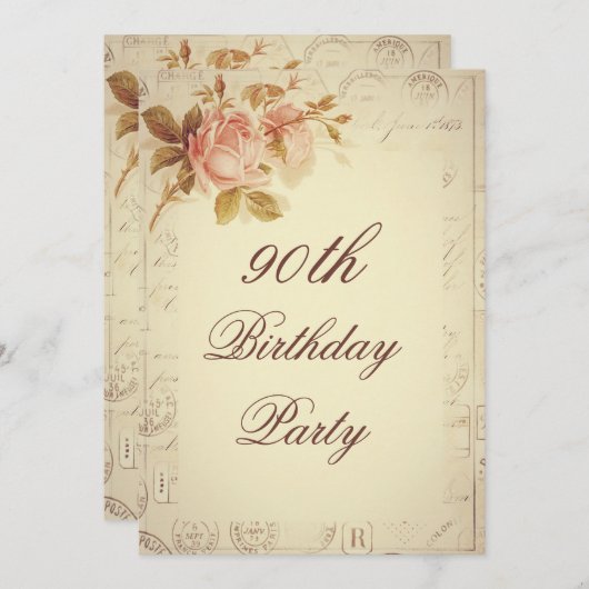 ヴィンテージパリはシックなバラの第90誕生日に消印を押します 招待状 (正面/裏面)