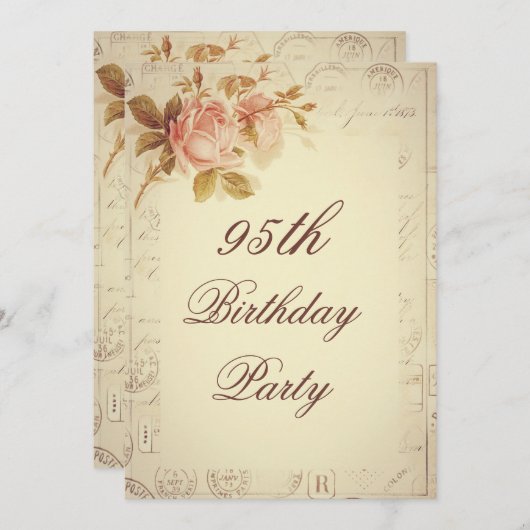 ヴィンテージパリはシックなバラの第95誕生日に消印を押します 招待状 (正面/裏面)