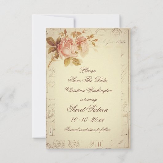 ヴィンテージパリはシックなバラの菓子16に消印を押します セーブザデート (裏面)