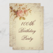 ヴィンテージパリはシックなバラの100th誕生日に消印を押します 招待状 (正面/裏面)