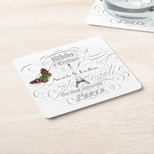 ヴィンテージパリをテーマにした結婚披露宴パーソナライズされた スクエアペーパーコースター (アングル)