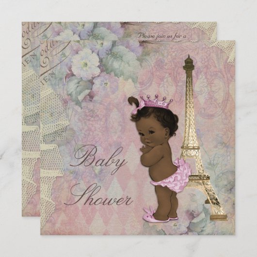 ヴィンテージパリエスニックプリンセスフローラベビーシャワー 招待状 (正面/裏面)