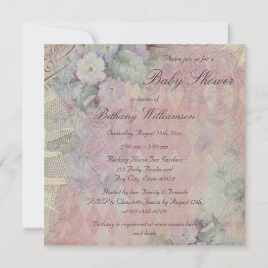 ヴィンテージパリエスニックプリンセスフローラベビーシャワー 招待状 (裏面)