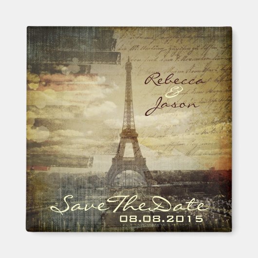 ヴィンテージパリエッフェルタワーウェディング日付を保存 マグネット (正面)
