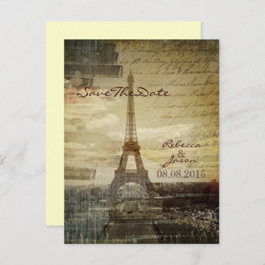 ヴィンテージパリエッフェルタワーウェディング日付を保存 案内ポストカード (正面/裏面)