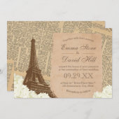 ヴィンテージパリエッフェルタワーエレガントフローラ結婚ズ 招待状 (正面/裏面)