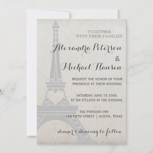 ヴィンテージパリエッフェルタワーオンアンティークグレ結婚イズ 招待状 (正面)