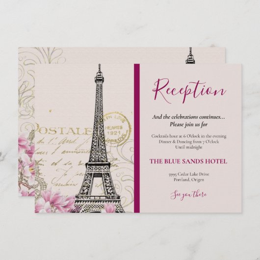 ヴィンテージパリエッフェルタワーピンク結婚の花 エンクロージャーカード (正面/裏面)