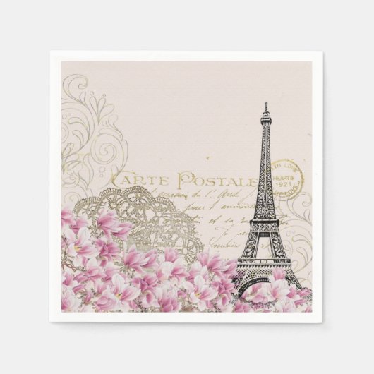 ヴィンテージパリエッフェルタワーフローラアートイラストレーション スタンダードカクテルナプキン (正面)