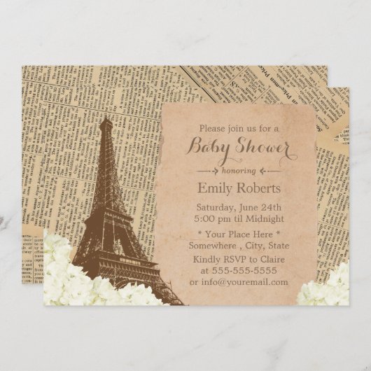 ヴィンテージパリエッフェルタワーフローラベビーシャワー 招待状 (正面/裏面)