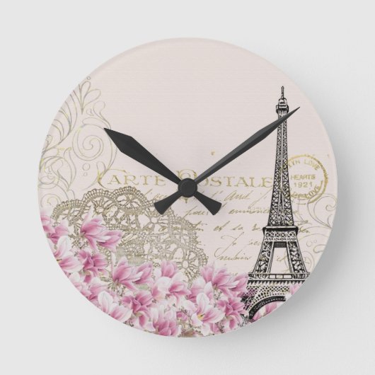 ヴィンテージパリエッフェルタワープリント ラウンド壁時計 (正面)