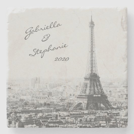 ヴィンテージパリエッフェルタワー白黒写真名 ストーンコースター (正面)