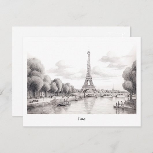 ヴィンテージパリエッフェルタワー、スケッチデザイン ポストカード (正面/裏面)