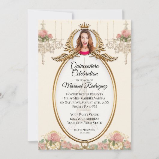 ヴィンテージパリキンセアニラ赤面金ゴールドwシャンデリア 招待状 (正面)