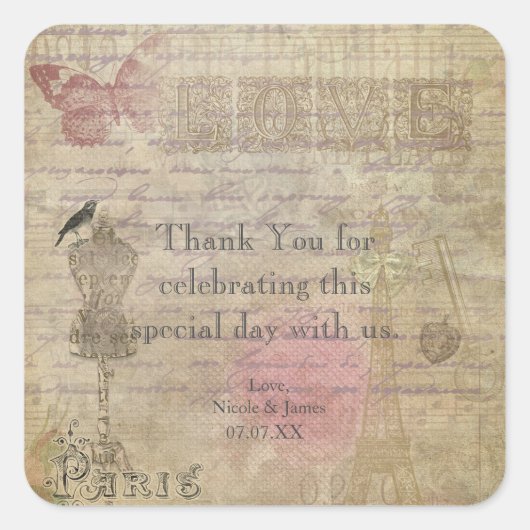 ヴィンテージパリシックなウェディングパーティー好意ステッカー スクエアシール (正面)