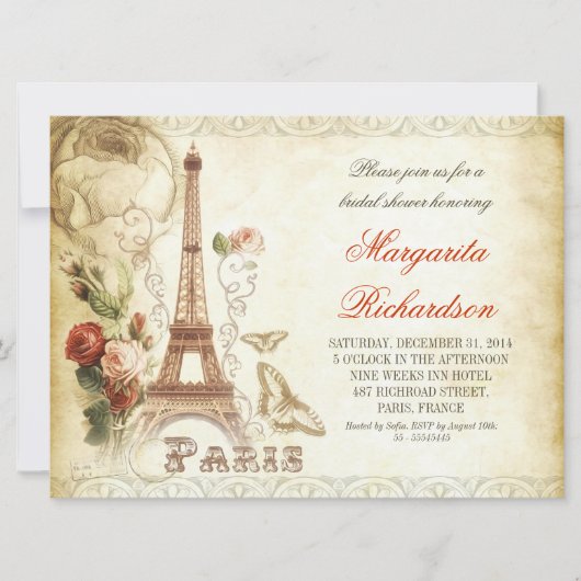 ヴィンテージパリシャビーブライダルシャワー招待状 招待状 (正面)